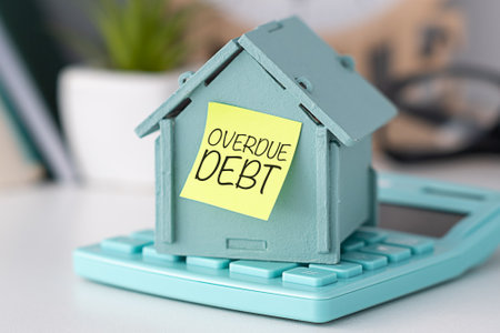 Overdue Debt text on yellow sticky on miniature home and calculator, business conceptの写真素材