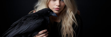 Portrait of Attractive Blonde Girl with Raven Black Crow in Studio on Black Backgroundの素材