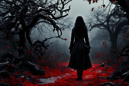 Woman In Black Dress Walking Through Dark, Foggy Forest, Gothic Atmosphere, Mysticismの素材