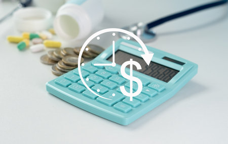 A blue calculator with a clock on it and the words time is money written on it. The calculator is...