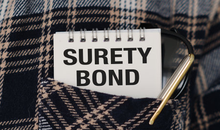 A pocket book with a pen and a spiral bound notebook with the word Surety Bond written on itの写真素材