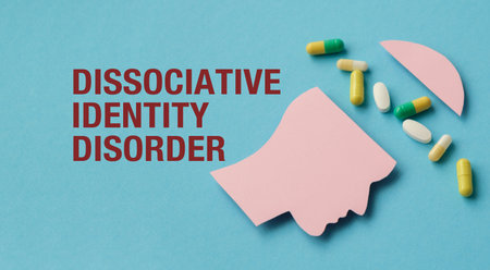 A pill bottle with pills scattered around it and the words Dissociative Identity Disorder written on itの写真素材