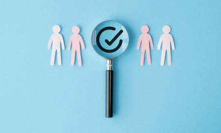 A magnifying glass is on a blue background with four people in it. The magnifying glass is on the left side of the imageの写真素材