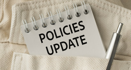 A pen is placed on top of a piece of paper that says Policies Update. The paper is folded and sitting in a pocketの写真素材