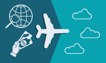 A blue background with a white airplane and a globe. The airplane is on the left side of the image and the globe is on the right sideの写真素材