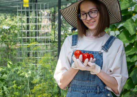 A woman wearing a hat and glasses holding a tomato. She is wearing a blue apron. The tomato is in her handの写真素材