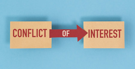 A red arrow pointing to the word Conflict of Interest on a piece of paper. The arrow is pointing to the word "interest" on the other side of the paperの写真素材