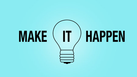 A light bulb with the words Make It Happen written below it. The light bulb is lit up, symbolizing the idea of creating something new and brightの写真素材