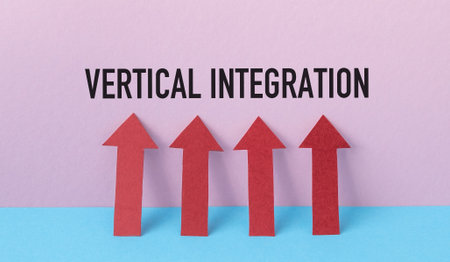 Four red arrows pointing up on a blue background. The arrows are arranged in a vertical line. The word Vertical Integration is written below the arrowsの写真素材