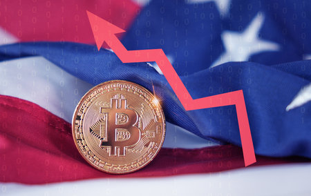 A coin with the letter B on it is placed on top of a red, white, and blue flag. The flag is positioned in such a way that the coin appears to be rising upwards, creating an interesting visual effectの写真素材