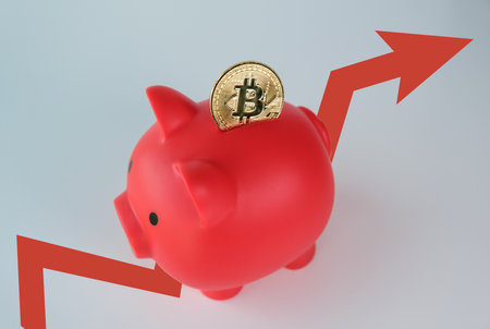 A red piggy bank with a gold coin inside. The coin is labeled with the letter Bitcoinの写真素材