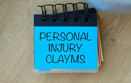 A blue notebook with a yellow and green strip on it that says Personal Injury Claims. The notebook is on a wooden tableの写真素材