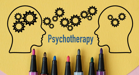 A drawing of two heads with gears and the word Psychotherapy written below. The heads are surrounded...