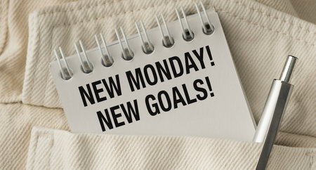 A notebook with a pen in the pocket and the words New Monday New Goals written on it