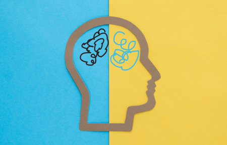 A head with a blue and yellow background. The head is divided into two halves.の写真素材