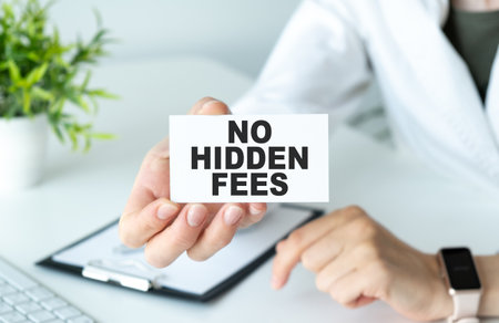 A person is holding a piece of paper that says No Hidden Fees. Concept of transparency and honesty, as the person is holding the paper up to show that there are no hidden costs or chargesの写真素材