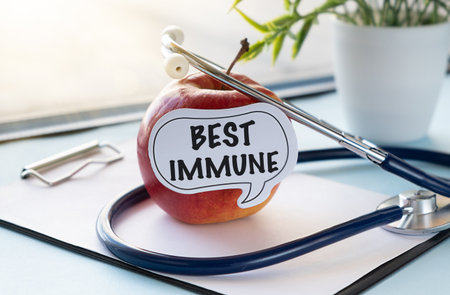 A paper with the word Immune written on it is placed on top of an apple. The apple is surrounded by...