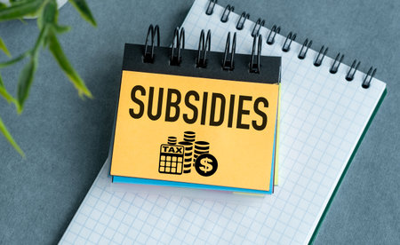 A yellow sticky note with the word Subsidies written on it. The note is sitting on top of a spiral...
