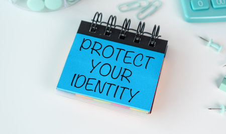 A blue notebook with the words Protect Your Identity written on it. The notebook is on a table with a calculator and a stack of paper clipsの写真素材