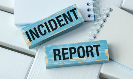 Incident Report message written on wooden blocks on White background. Conceptual incident report symbol. Business Conceptの写真素材