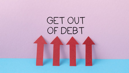 A group of four red arrows pointing upward with the words Get Out of Debt written below them