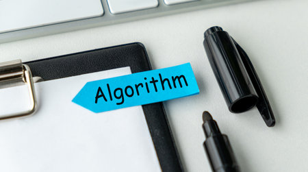 There is blue sticky note with the word Algorithm. It is as an eye-catching imageの写真素材