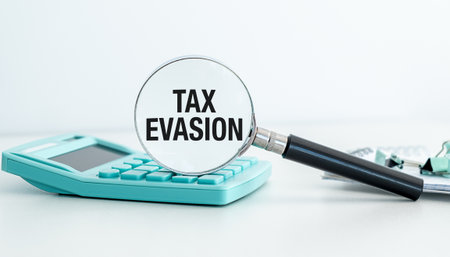 Text TAX EVASION is written on magnifying glass on calculator lying on the table. Business concept.