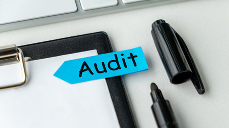 A blue sticky note with the word Audit written on it is sitting on top of a black penの写真素材