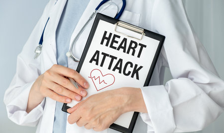 A doctor holding a clipboard with the word Heart Attack written on it. Concept of urgency and importance, as the doctor is holding the clipboard in a serious mannerの写真素材