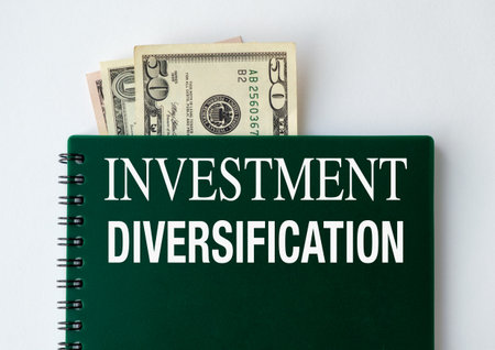 A green notebook with a stack of money on top of it. The word Investment Diversification is written on the notebookの写真素材