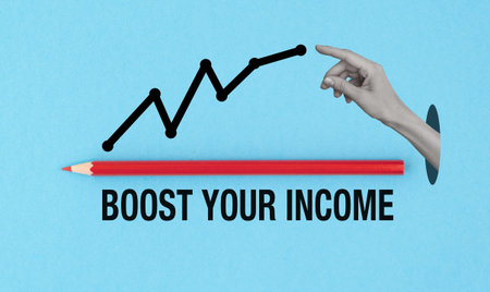 A pencil is pointing to a graph that says Boost Your Income. The pencil is red and the graph is blueの写真素材
