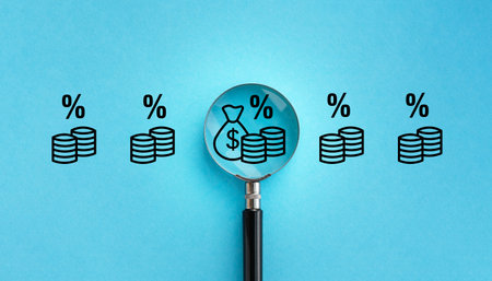 A magnifying glass is used to look at a pile of coins and a dollar bill. The coins are arranged in rows and the dollar bill is in the middle. Concept of counting moneyの写真素材