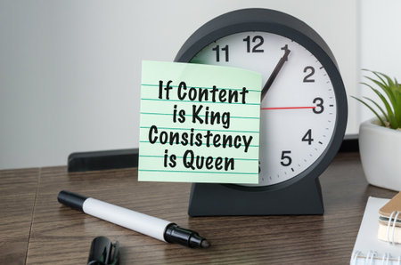 A clock with a sticky note on it that says If Content is King Consistency is Queen.の写真素材