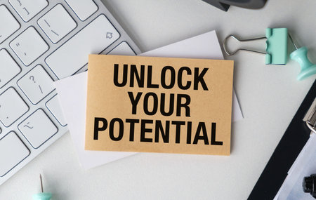 UNLOCK YOUR POTENTIAL motivational message on a craft card for personal growth, career coaching, and...