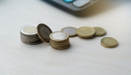 Stacks of Euro coins on a wooden surface with a calculator background for savings, investment, and...