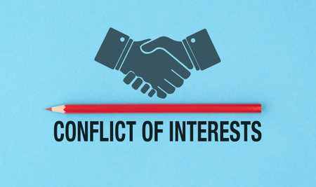 CONFLICT OF INTERESTS text with a red pencil and handshake icon on a blue background for business...