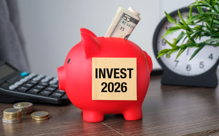 Red piggy bank with dollar bill and INVEST 2026 text on a sticky note for financial planning,...