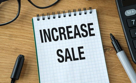 INCREASE SALE motivational text in a spiral notebook with a marker and glasses on a wooden desk for...