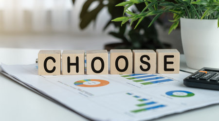 Wooden blocks spell CHOOSE on a desk. Charts and graphs lie beneath the letters. Calculator rests nearby, suggesting decisions. Soft light illuminates the scene, creating calm focus