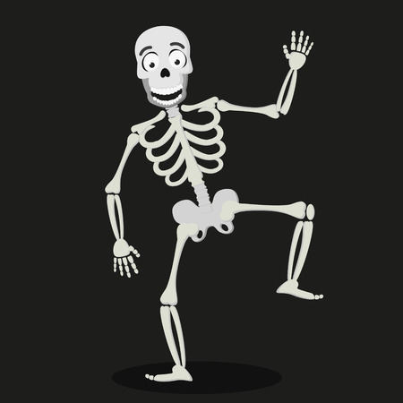 The human skeleton stands on one leg and waves its hand against a dark background.のイラスト素材