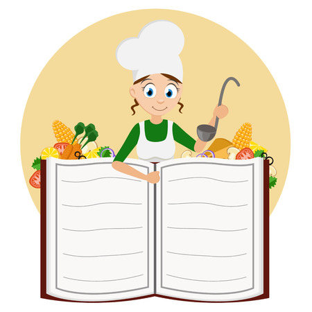 Cook girl with a ladle in her hands peeking out from behind a book on a white background.のイラスト素材