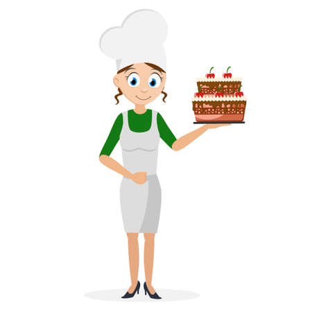 Cook girl holding a beautiful cake in her hand on white background. Isolated.