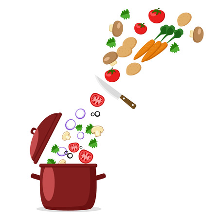 Pan and the chopped vegetables on a white background. Isolated.のイラスト素材