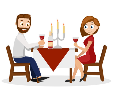 Man and woman have dinner at the table by candlelight. Romantic dinner for two.のイラスト素材