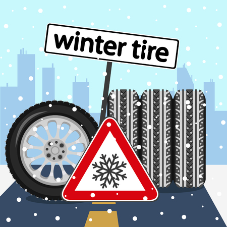Winter tires with road sign on the road on the background of the city.のイラスト素材