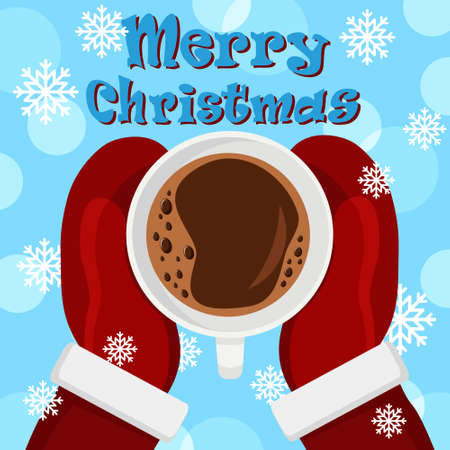 Santa is holding a Cup of coffee in his mittens on a winter background. The view from the top.のイラスト素材