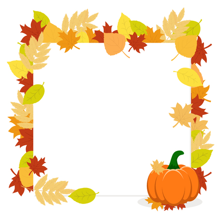 Frame of autumn leaves and pumpkin on a white background. Autumn bannerのイラスト素材