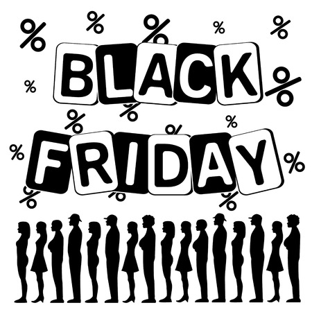 Silhouettes of people in line for black Friday on a white background.のイラスト素材