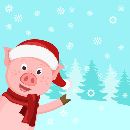 Happy pig in a cap and scarf waving in the background of a winter forest. Christmas bannerのイラスト素材