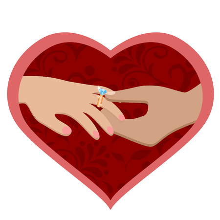 A man's hand puts an engagement ring on a woman's hand. Wedding logoのイラスト素材
